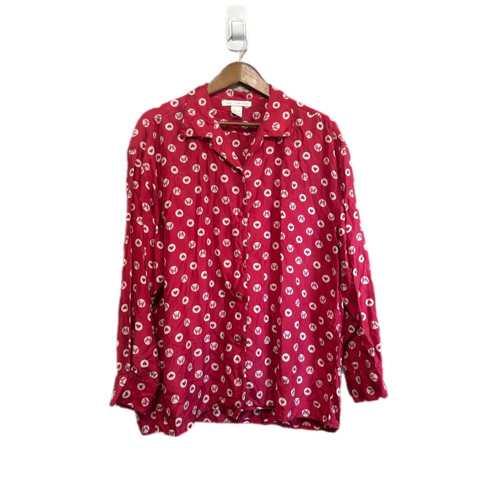 The Limited Silk Blouse Women Large Red Excellent Heart Butterfly Button Down